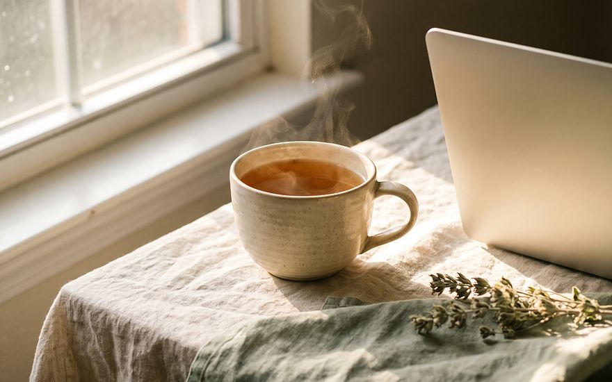 Taza humeante junto a una laptop frente a una ventana luminosa